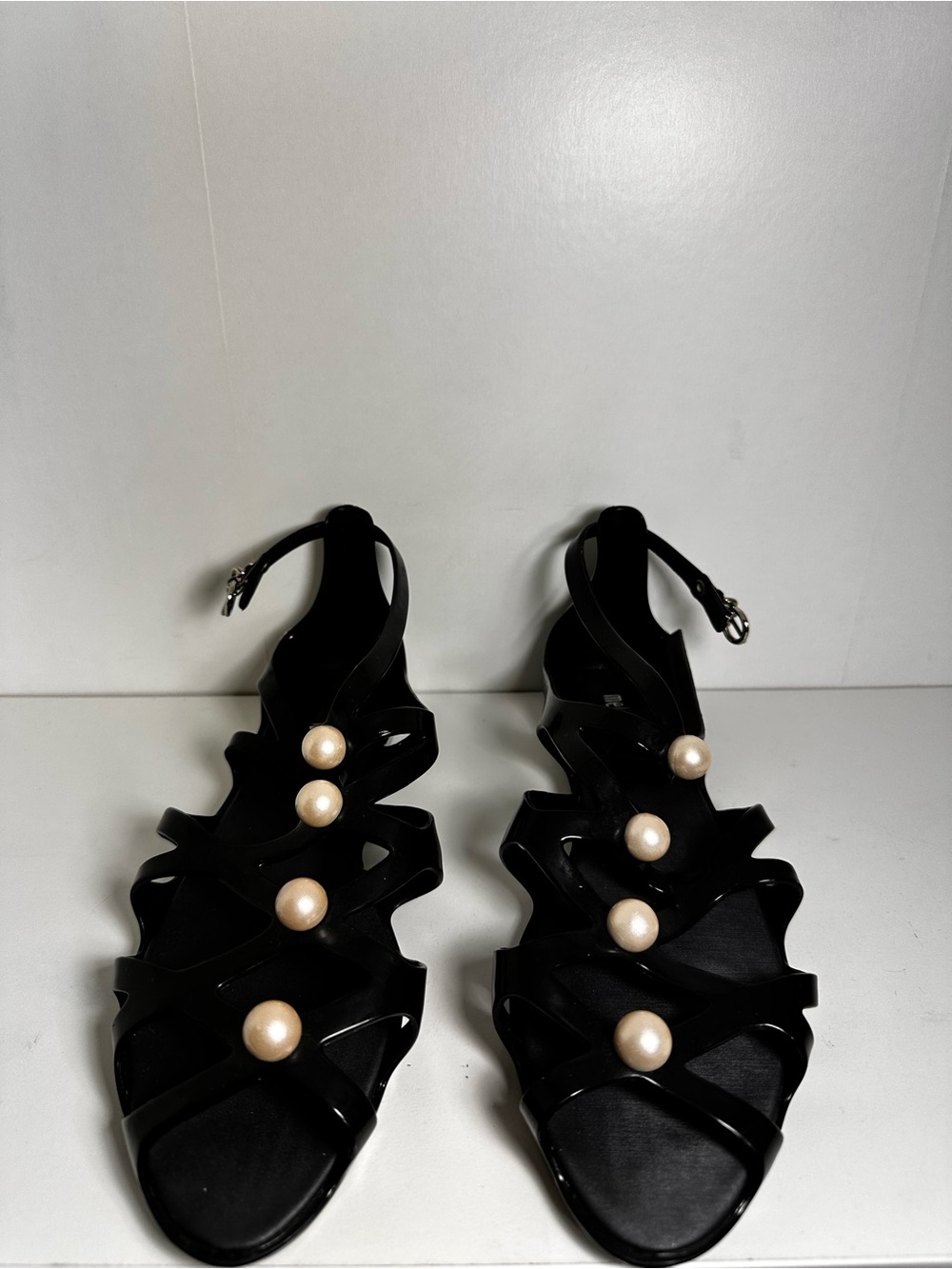 Melissa x Karl Langerfeld Black Strappy Sandals with Pearl Accents - Picture 2 of 10